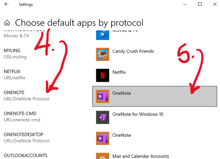 Settings Choose default apps by protocol 0 Movies & n.' MYUNG URL:myIing NETFUX URL:netfIix ONENOTE URL.OneNOte Protocol ONENOTE-CMD ONENOTEDESKTOP URL:OneNOte Protocol OUTLOOKACCOUNTS Candy Crush Friends N etflix OneN0te OneNote for Windows 10 OneN0te Mail and Calendar Accounts